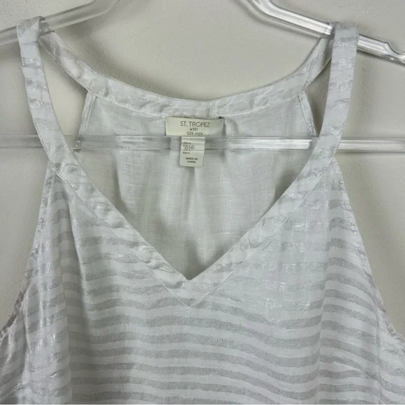 St. Tropez West 100% Linen Women's white and silver metallic linen v-neck tank - Picture 3 of 8